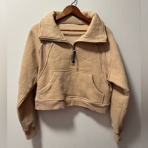 Tan Camel Oversized Half-Zip Funnel Neck Kangaroo Pocket Sweatshirt Small